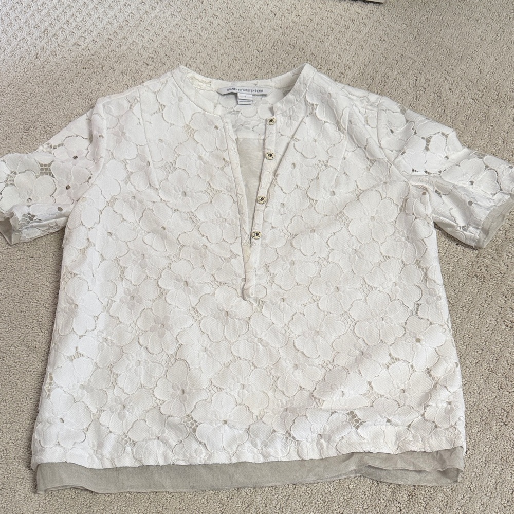 Diane Von Furstenberg Cream Floral Lace Blouse